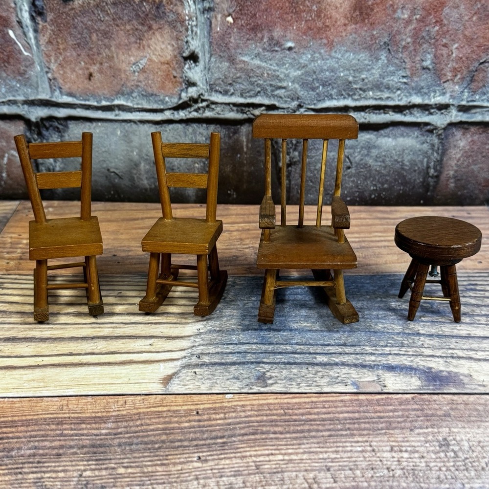 Vintage Shackman JAPAN Dollhouse Wooden Rocking Chair Lot of 3 w‎ Swivel Stool